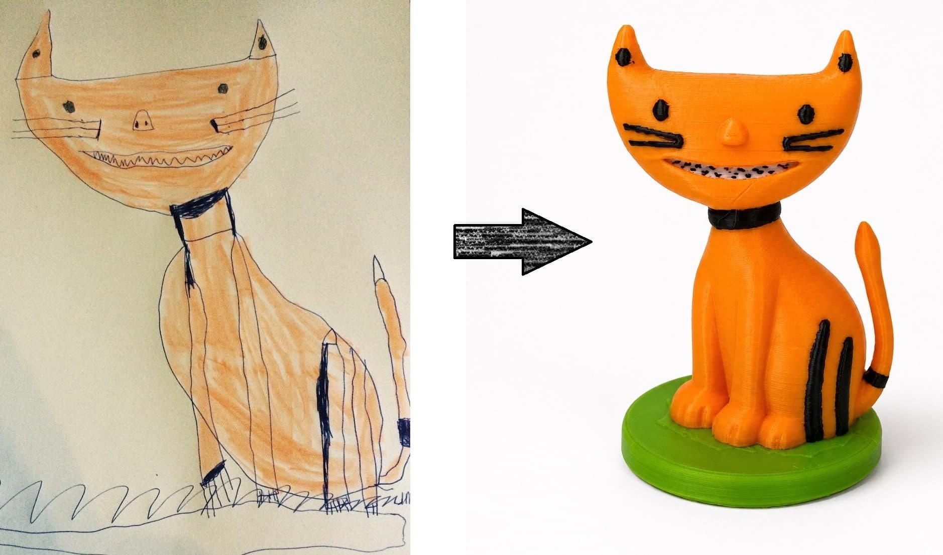 A kid's drawing next to the 3D printed toy made from it