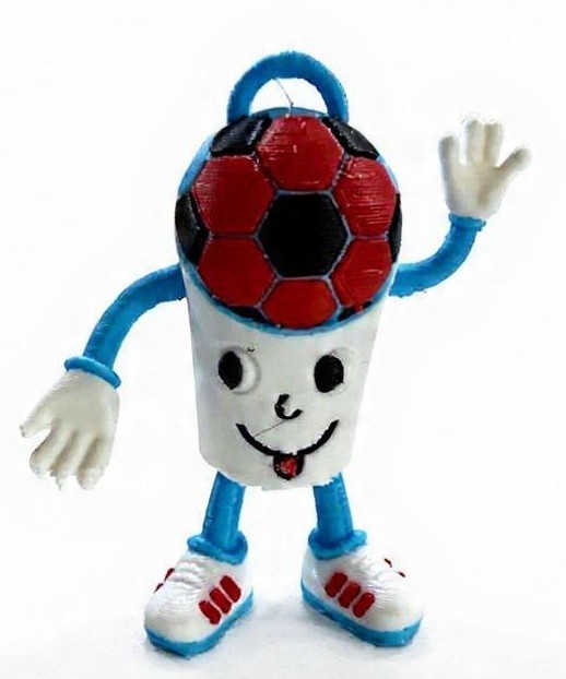 Finished 3D print of a waving soccer-ball-headed mascot with a cup-shaped body