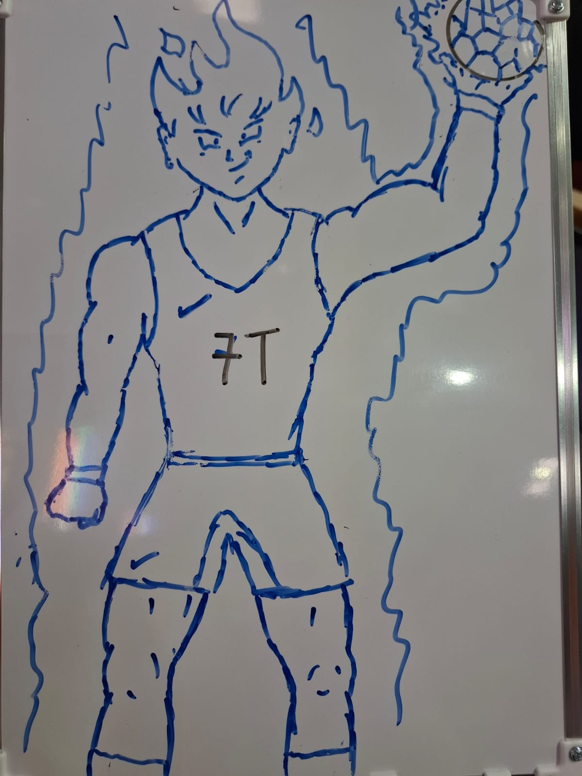 Child's drawing of a flame-haired basketball player mascot holding a glowing ball