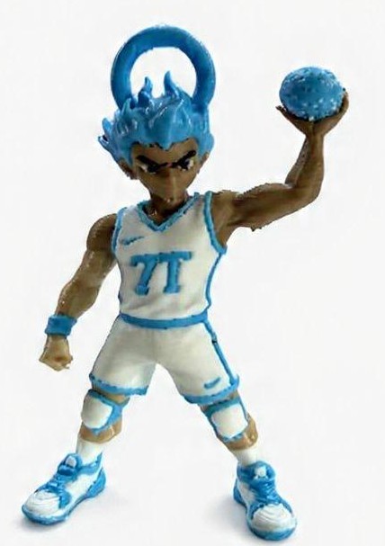 Finished 3D print of a flame-haired basketball player mascot holding a glowing ball