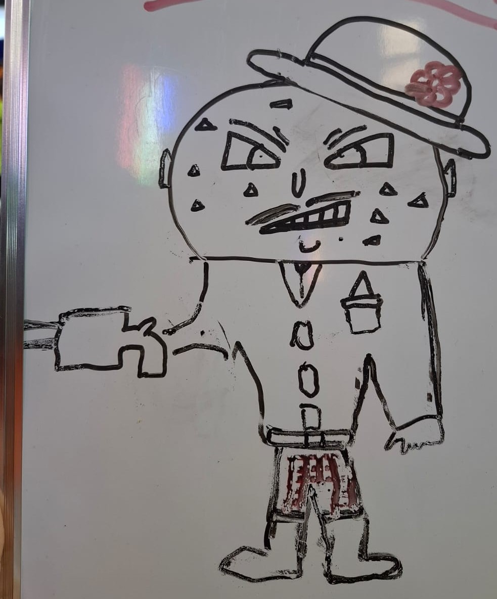 Child's drawing of a tough-looking gang boss mascot in a suit and hat named Muff Daddy