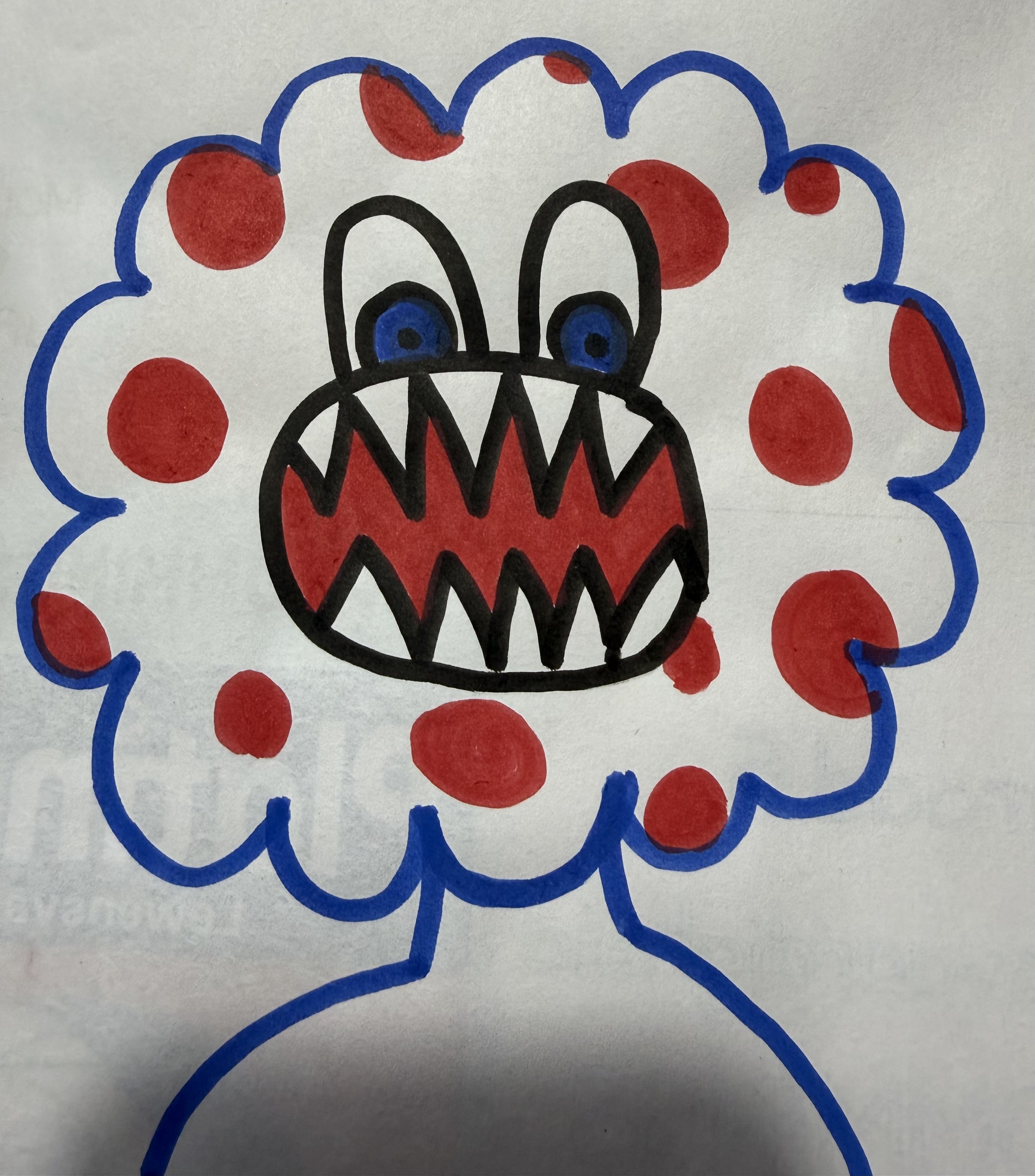 Child's drawing of a blue fluffy monster with big eyes and red polka dots