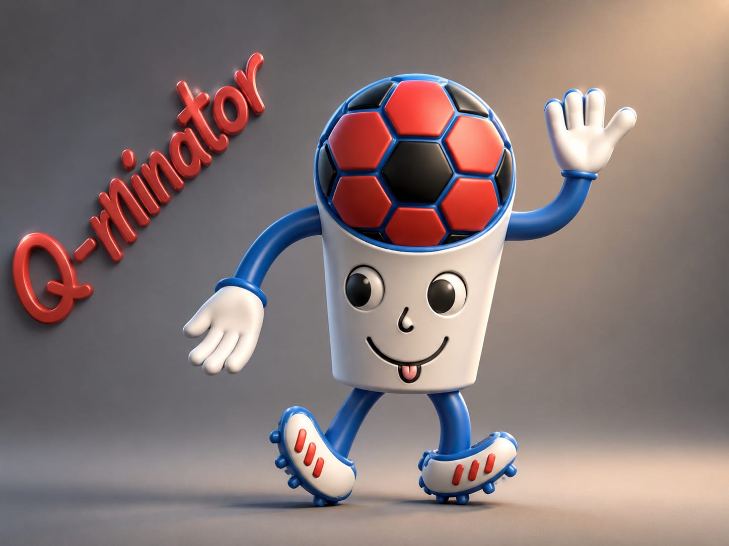 3D digital model of a waving soccer-ball-headed mascot with a cup-shaped body