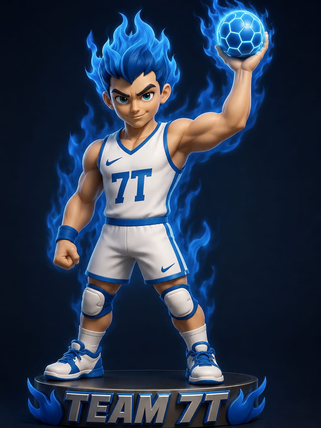 3D digital model of a flame-haired basketball player mascot holding a glowing ball