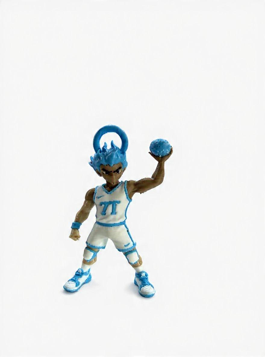 Painted 3D-printed figurine of a flame-haired basketball player mascot holding a glowing ball